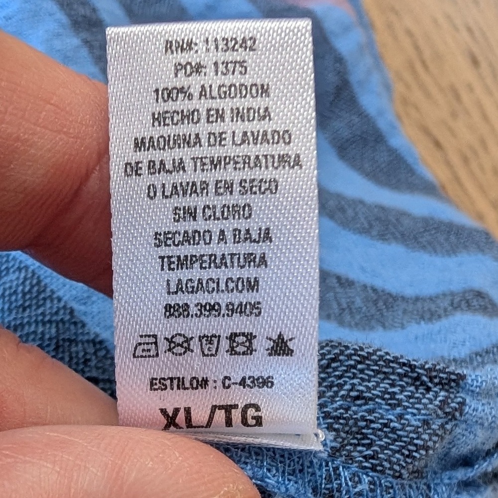 LAGACI Blue Cotton Gauze Lace Up Hoodie Tunic Top XL TG Striped Hem Casual Beach - Picture 7 of 7